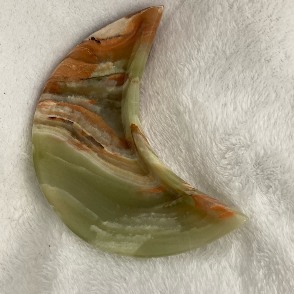 Green Onyx Moon Bowl 4”. 2” Wide. Brown banding